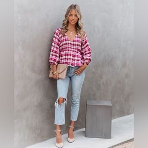 Vici Lylah Cotton Crinkled Plaid Smocked Top